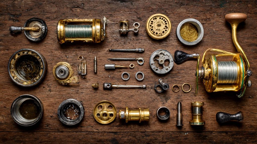 Clean fishing reel components laid out on workspace after removing old grease, ready for fresh lubrication and reassembly