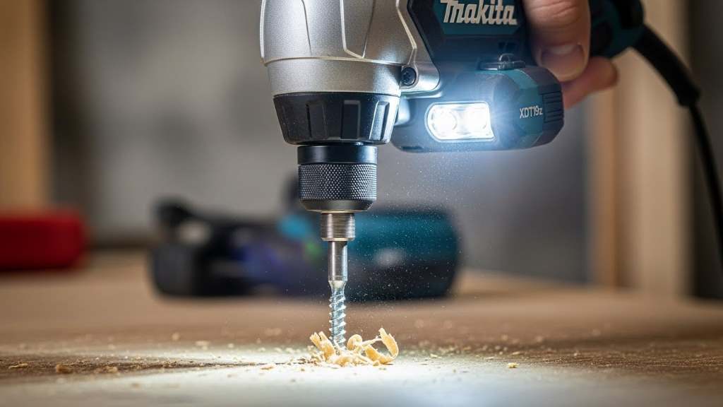 Makita XDT19Z driving screws into wood with LED lights illuminating work area