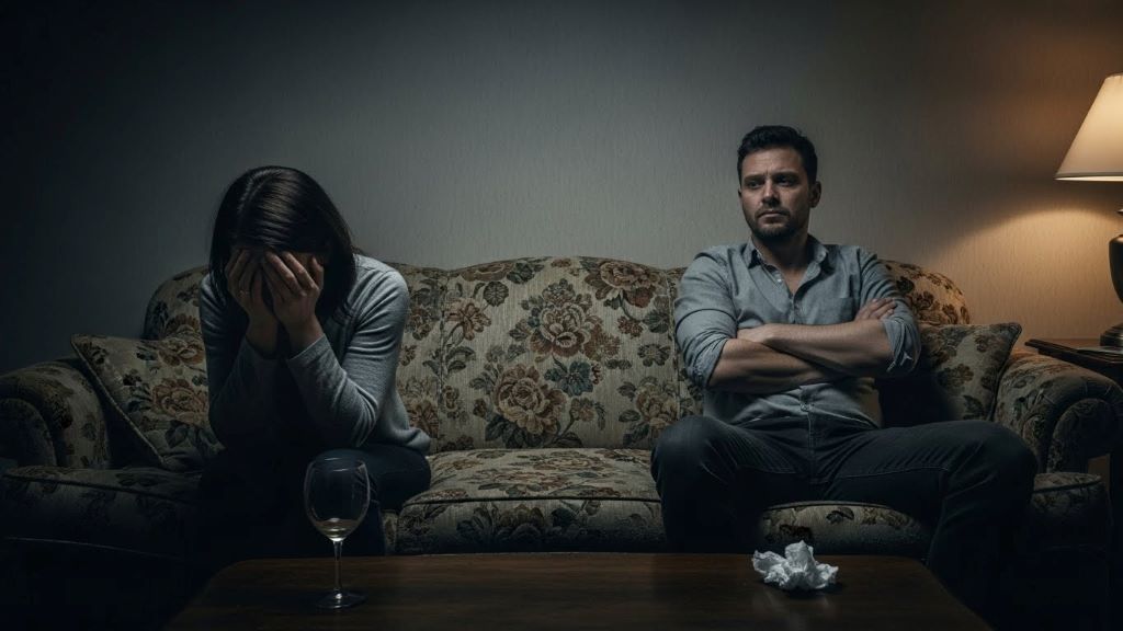 Two people sitting apart looking stressed depicting tumultuous relationship conflict and tension