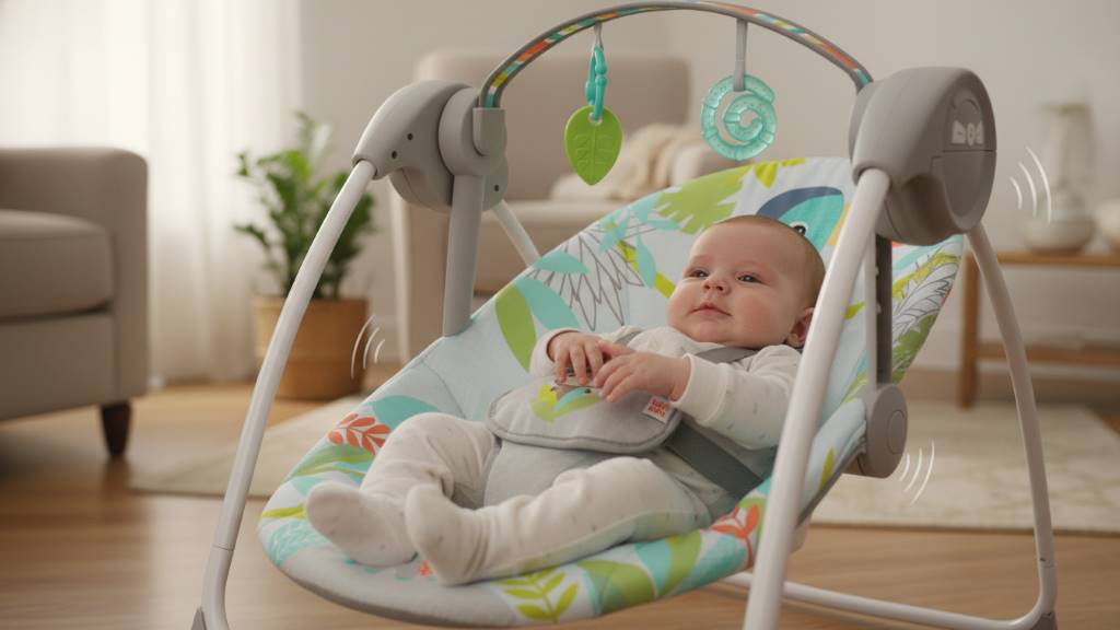 Infant calmly swinging in portable baby swing with soothing melodies playing