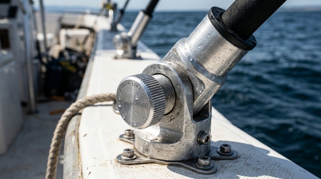 Close-up of adjustable stainless steel boat rod mount mechanism.
