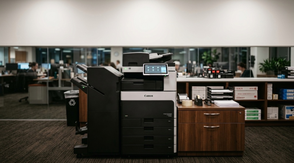 Heavy duty enterprise laser printer in a modern corporate office copy room.