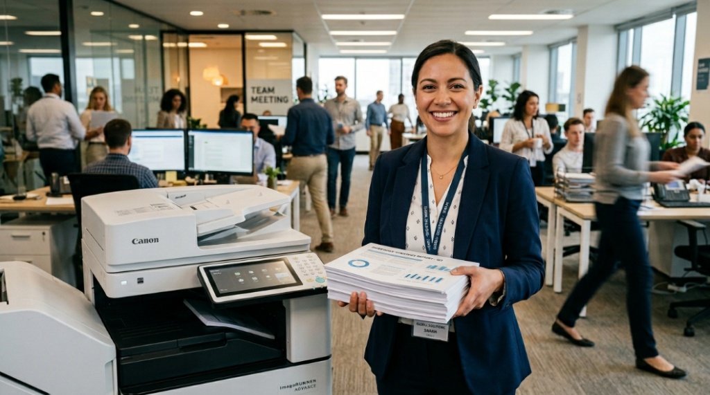 An office worker holding crisp printed documents next to a high volume laser printer.