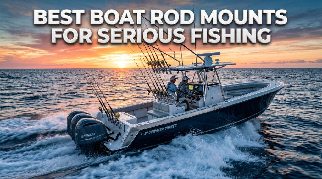 Professional fishing rod mount holding a rod during a catch at sea.