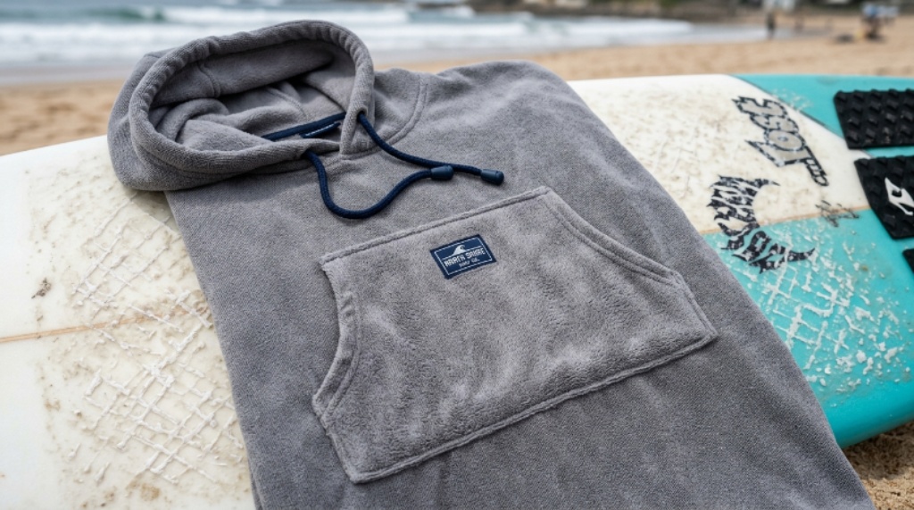Close-up of a microfibre surf poncho hood and kangaroo pocket laid flat on surfboard