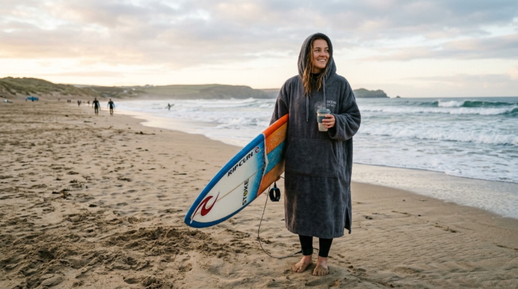 Surfer wearing a hooded changing robe on a sandy beach after a morning surf session