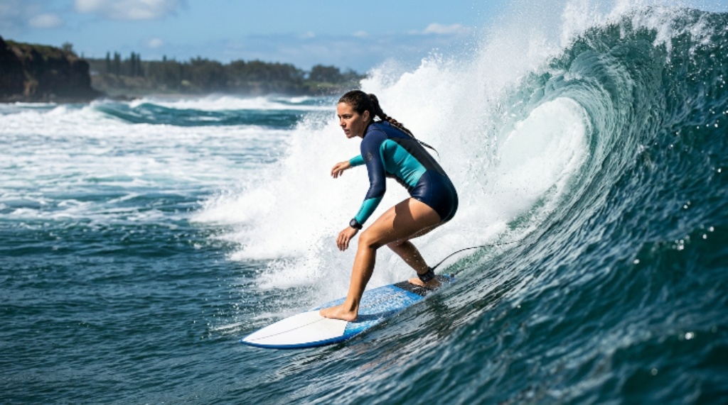 Woman surfing big waves wearing secure performance swimsuit