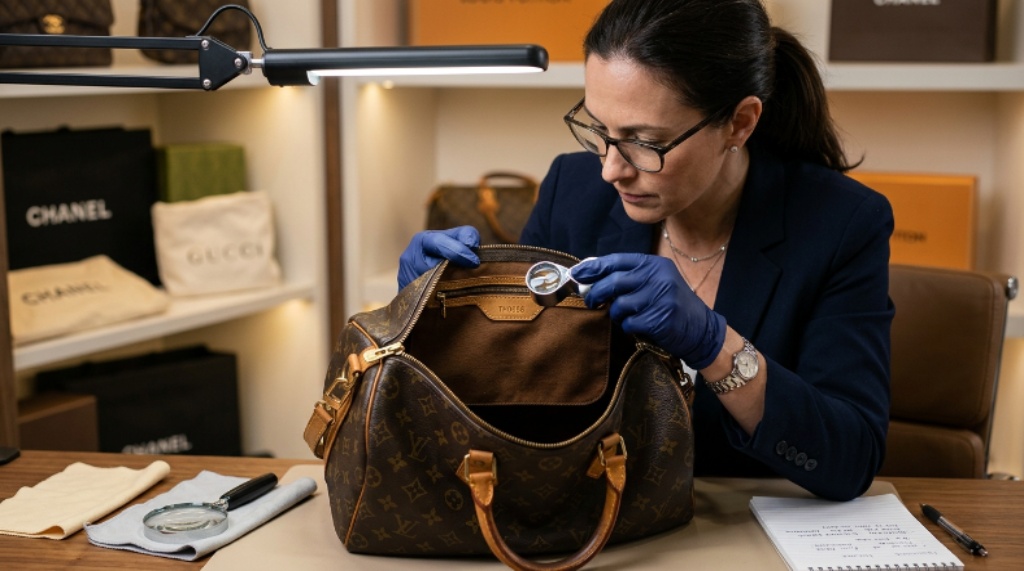 Luxury bag authentication expert examining the interior serial number and lining of an original designer purse