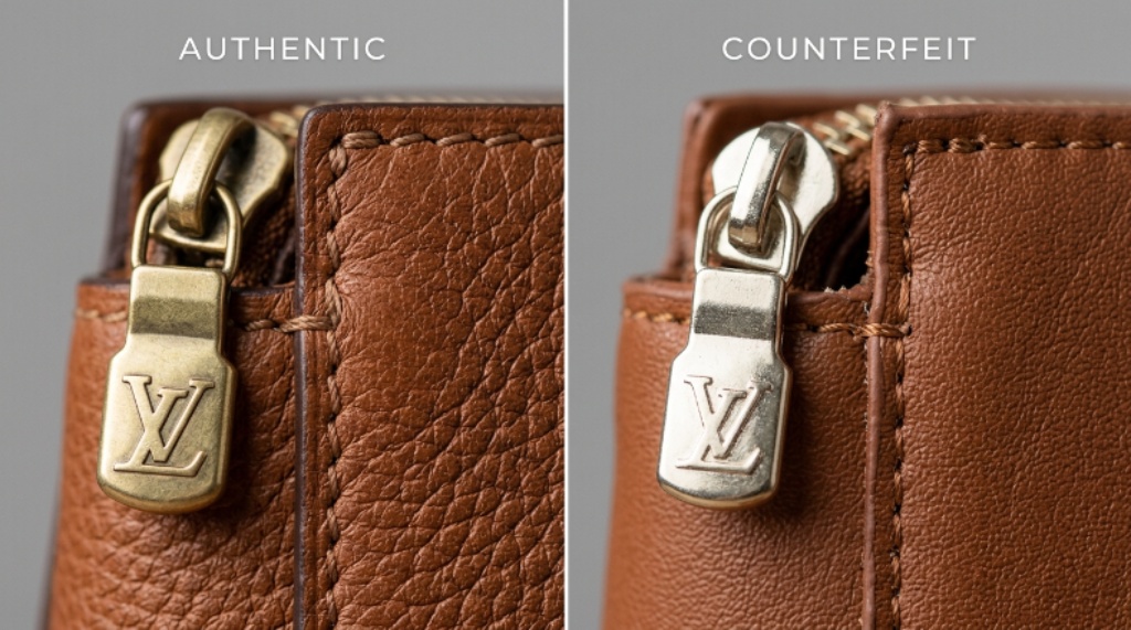 Close-up of authentic designer bag hardware and stitching compared side by side with a counterfeit version