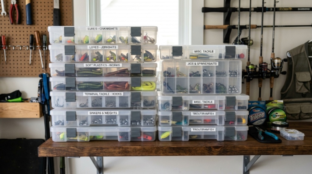 Stackable modular tackle boxes arranged on a shelf for clutter-free fishing gear storage