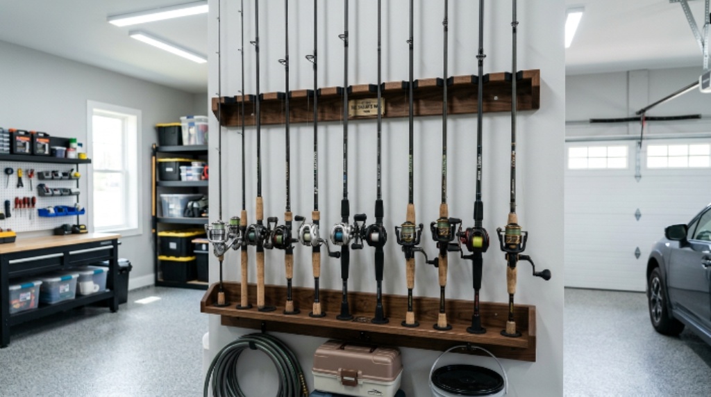 Neatly organized fishing rods mounted on a wall rack inside a clean home garage