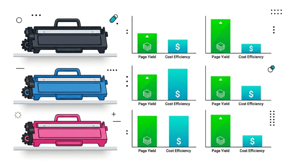 Infographic comparing printer toner cartridges by page yield and cost efficiency.
