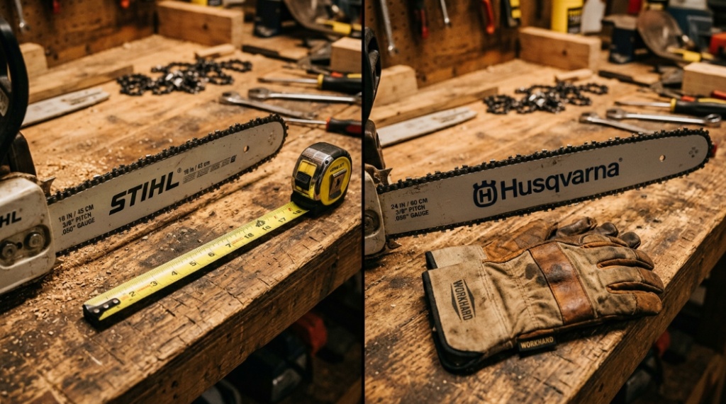 Two different sized gas chainsaw bars on a workbench with a tape measure to compare sizes for large tree cutting.