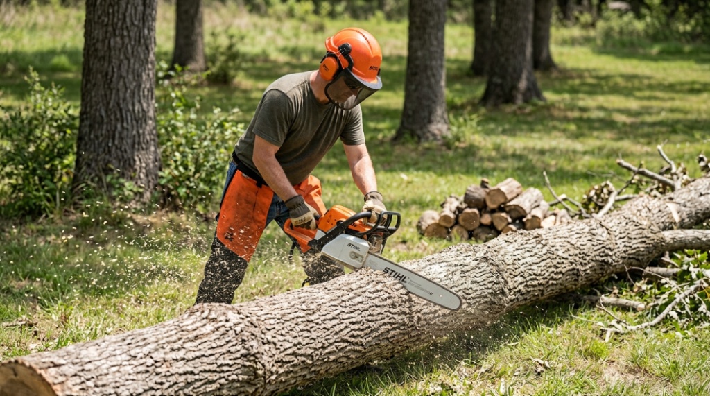 Gas chainsaw resting on a large tree stump in the woods with text overlay about choosing a chainsaw without overspending.