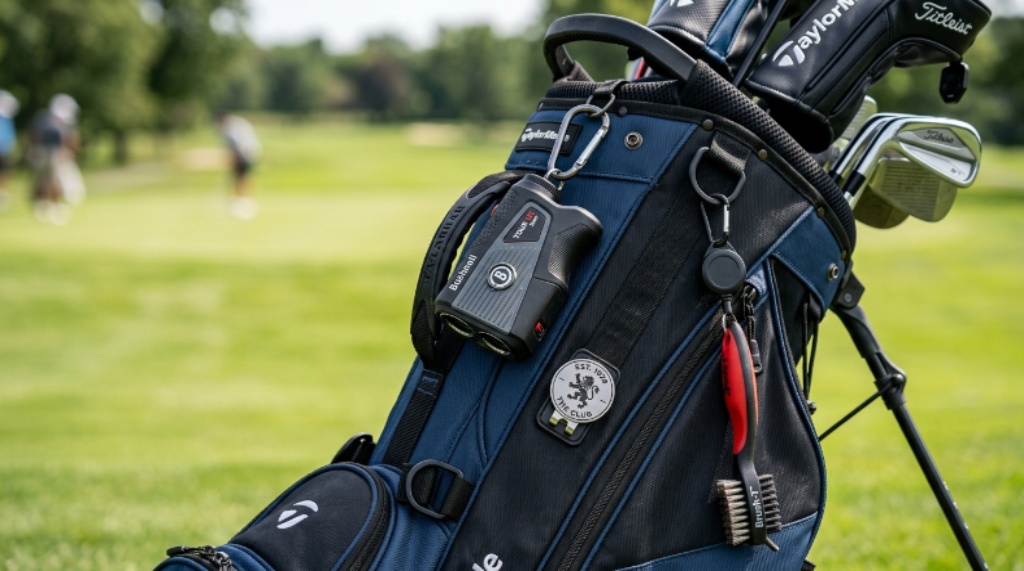 Close-up of advanced golf gear including a laser rangefinder, ball marker, and groove cleaning brush on a golf bag