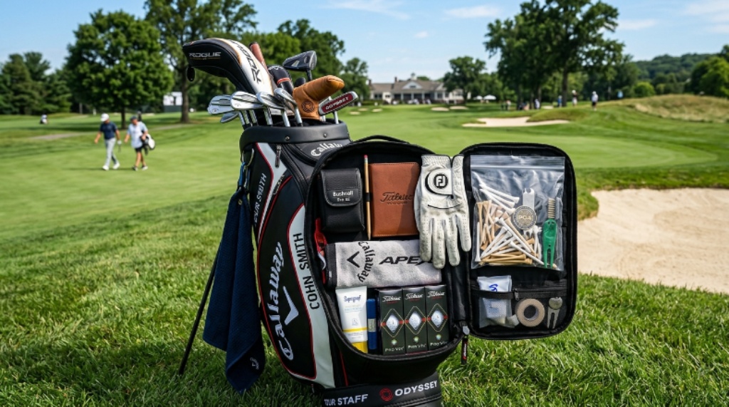 Professional golfer's bag open on the course showing rangefinder, gloves, tees, and essential golf accessories