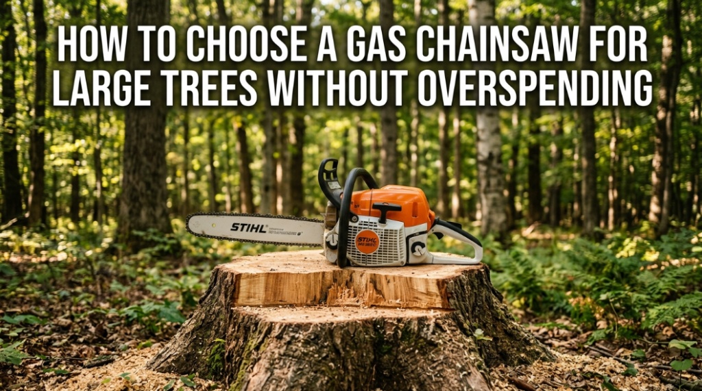 Gas chainsaw resting on a large tree stump in the woods with text overlay about choosing a chainsaw without overspending.