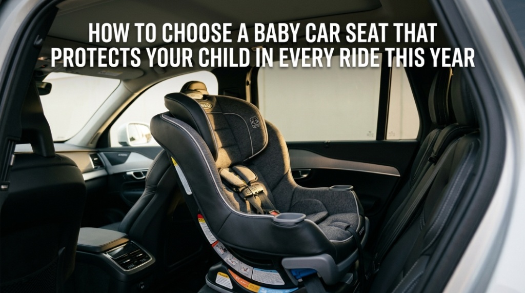 A secure baby car seat installed in a vehicle with article title text overlay.