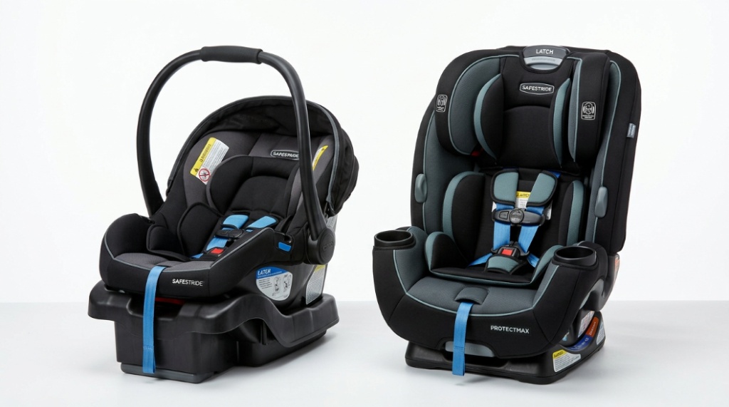 An infant car seat and a convertible car seat sitting side by side.