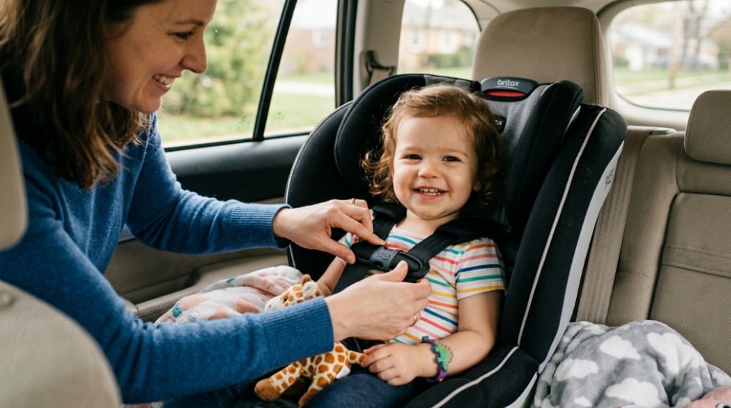 A smiling toddler securely buckled into a car seat with a five-point harness.