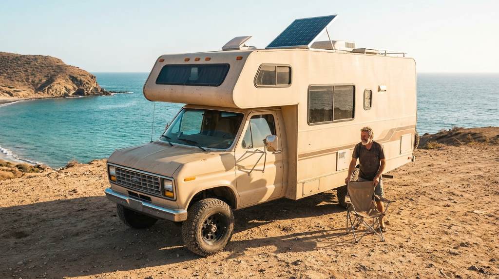 Traveler inspecting a used recreational rig before purchase