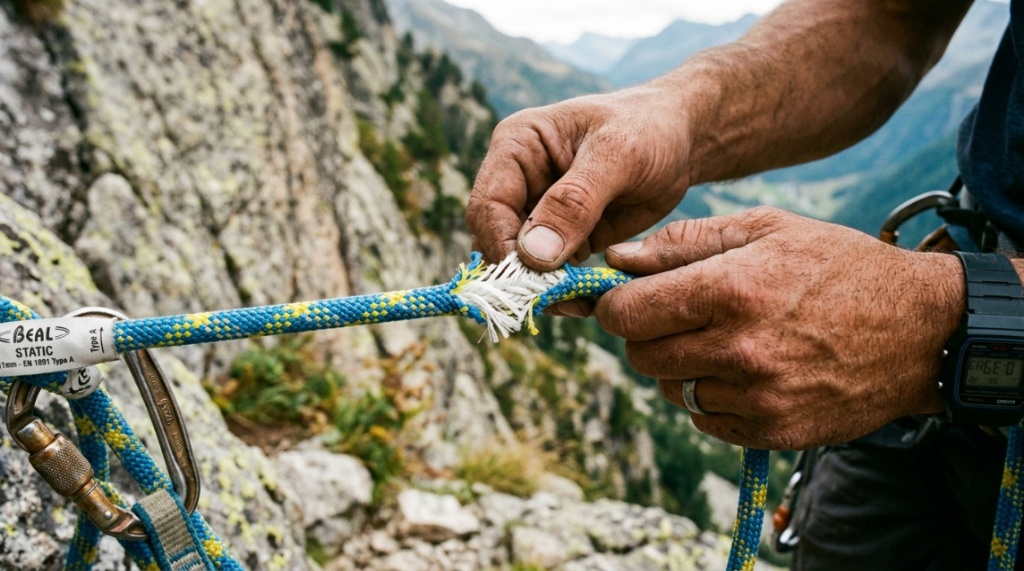 Climber inspecting a high-strength rappelling rope on a rock face.