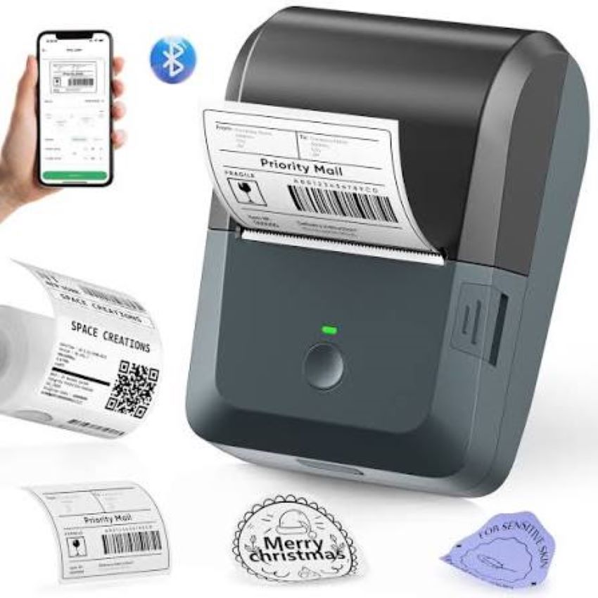 Thermal label maker printing shipping labels in a California workspace