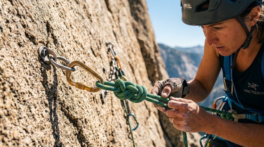 Hands examining the weave of a strong rappelling rope.