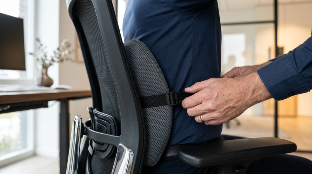 Hands adjusting a lower back support cushion on an office chair.