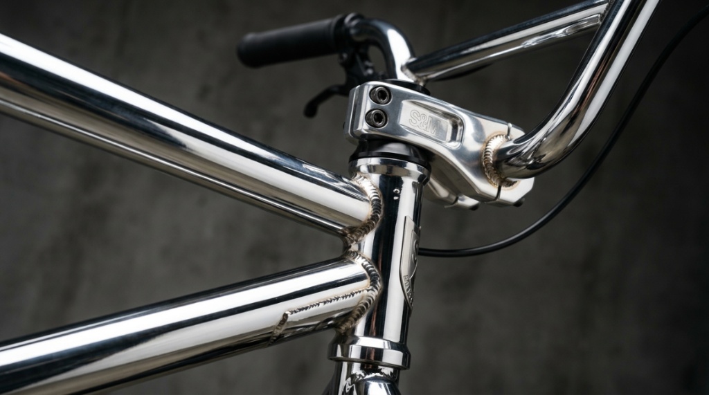 Close-up of custom chrome pro BMX frame joints and handlebars.