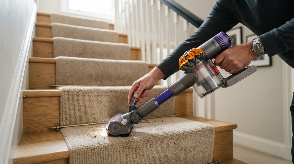 A man vacuuming carpeted stairs with a compact cordless stick vacuum.