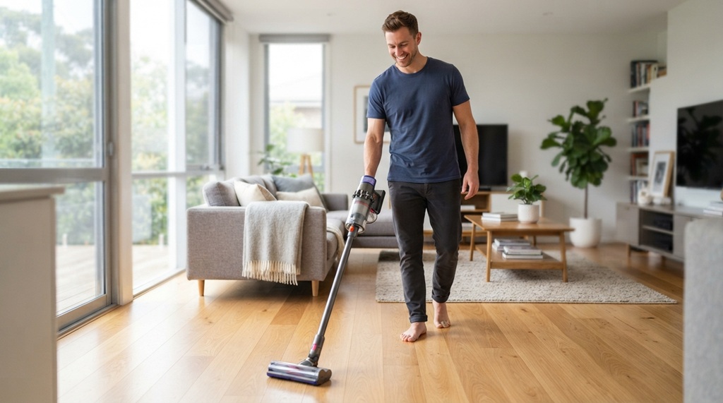 A man using a lightweight stick vacuum on a hardwood living room floor.