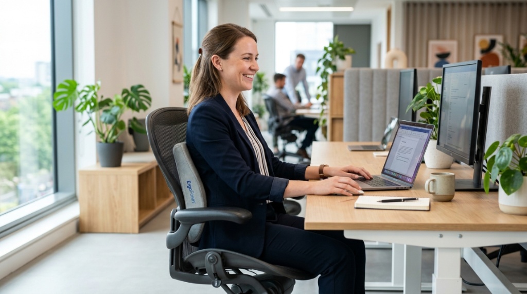 Office worker sitting comfortably with a lumbar support cushion in an ergonomic chair.