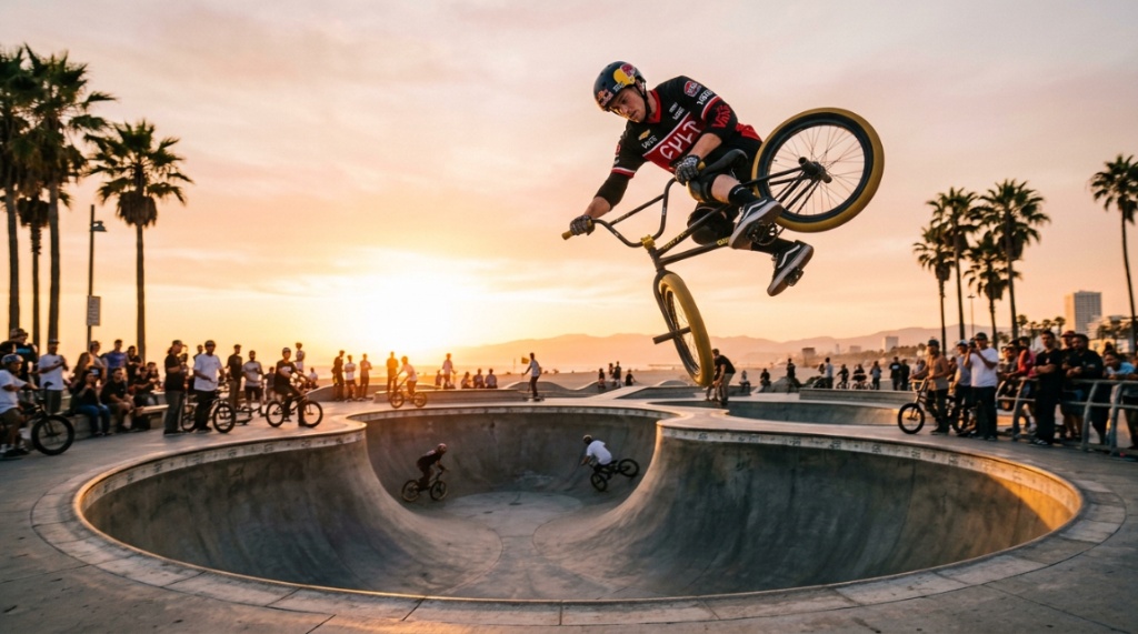 A pro BMX rider flying high over a California skatepark bowl at sunset.