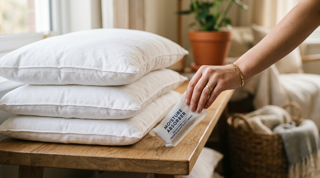 Placing a moisture absorber pouch next to folded pillows on a shelf.