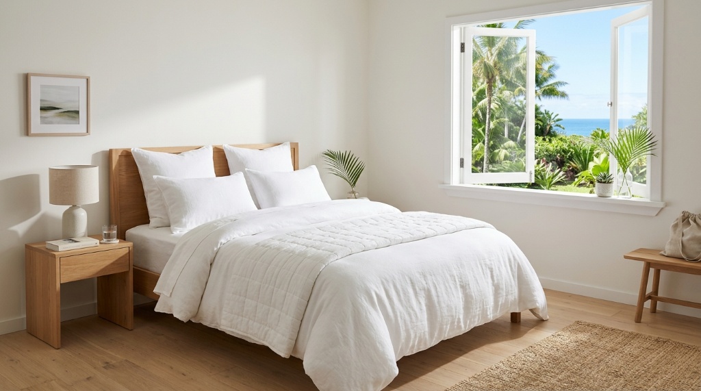 A fresh white pillow resting on a clean bed in a bright bedroom.